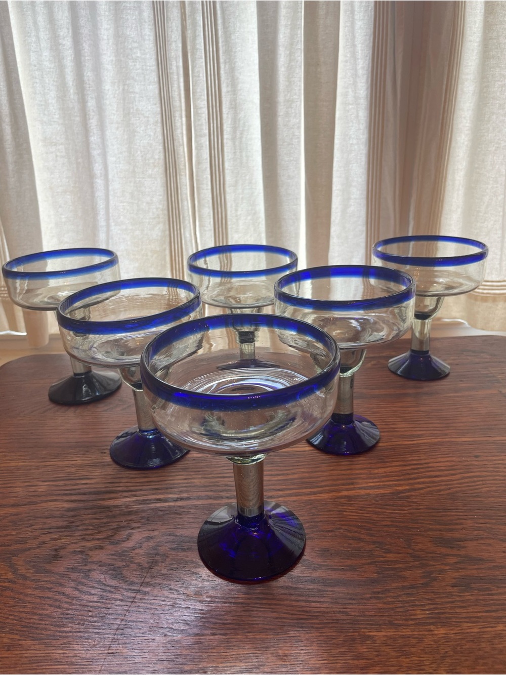 Set of 6 Mexican Artisan Hand Blown Cobalt and Clear Margarita Glasses 🌀
